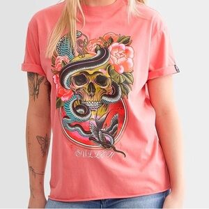 Sullen Women's Petite Small Pink Graphic Tee With Skulls And Snake